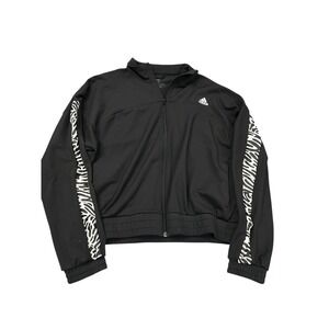 Adidas Women Size XS Aeroready Full-Zip Crop   Jacket Zebra Print Sleeves Black‎